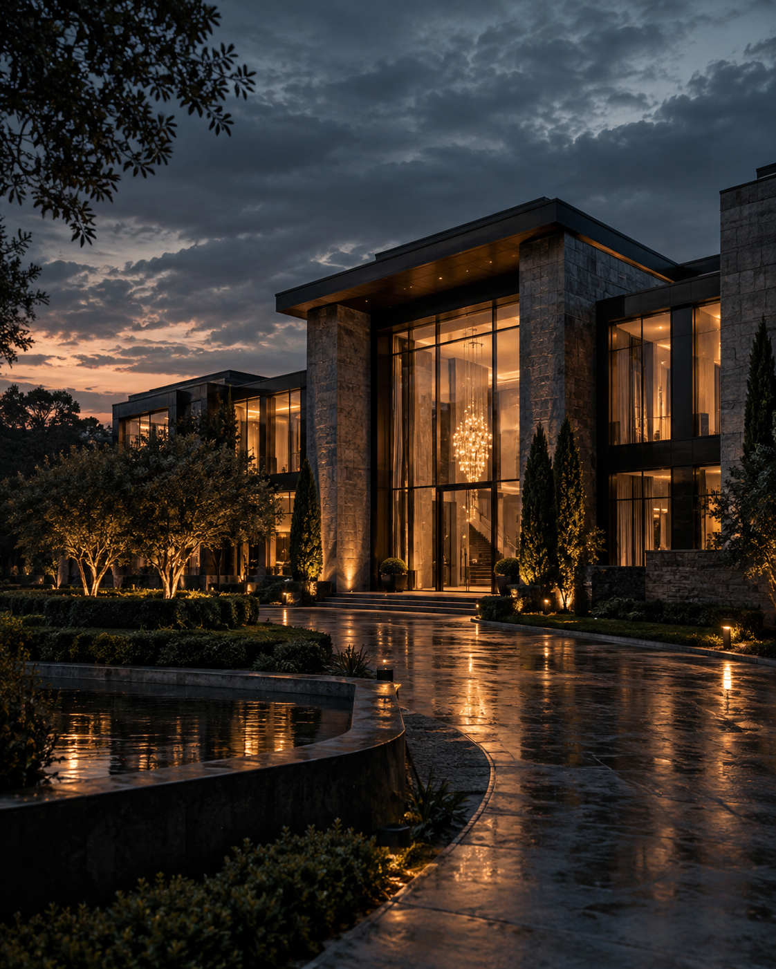 A cinematic studio exterior at dusk with warm lights reflected on wet stone